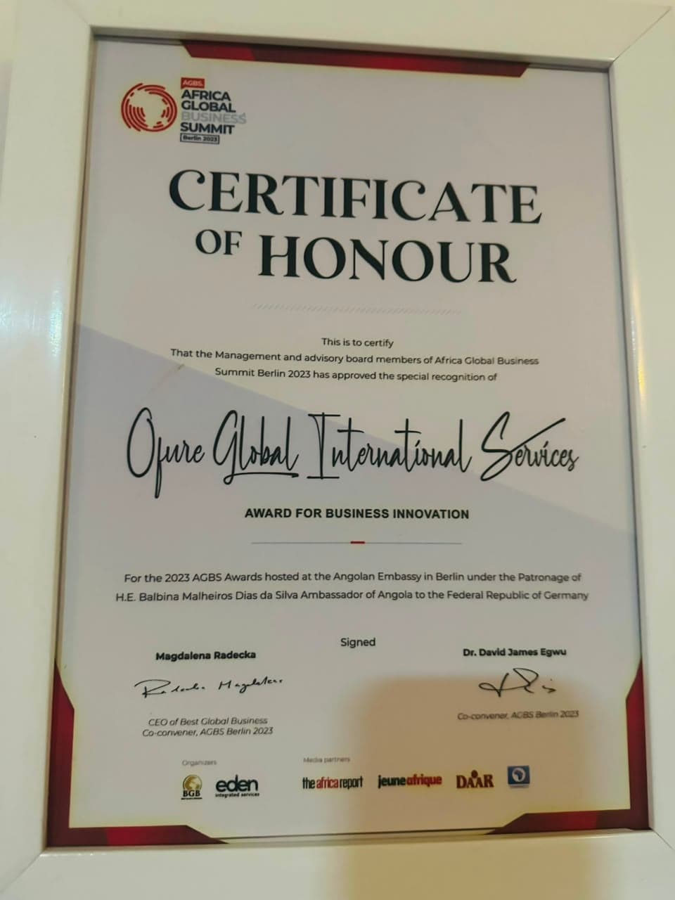 Africa Global Business Summit Certificate of Honour for Business Innovation presented to Ofure Global International Services (OGIS)