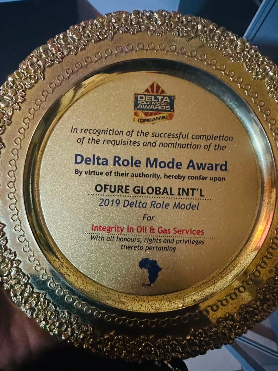 Gold Delta Role Model Award plaque presented to Ofure Global International Services (OGIS)